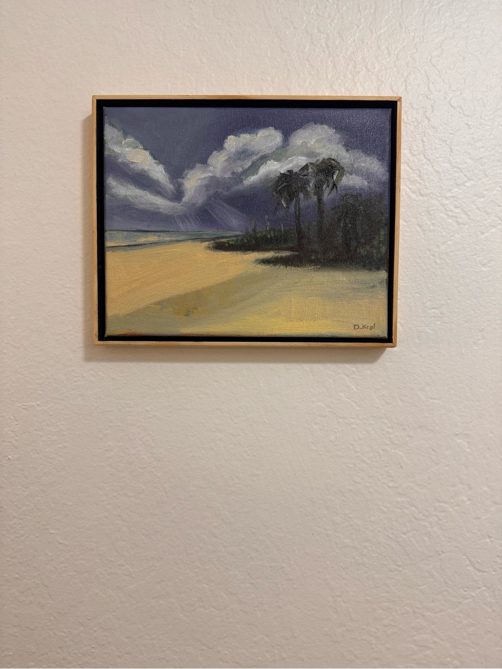Coastal Palm Beach scape Oil Painting  - Blue and Sand. Framed